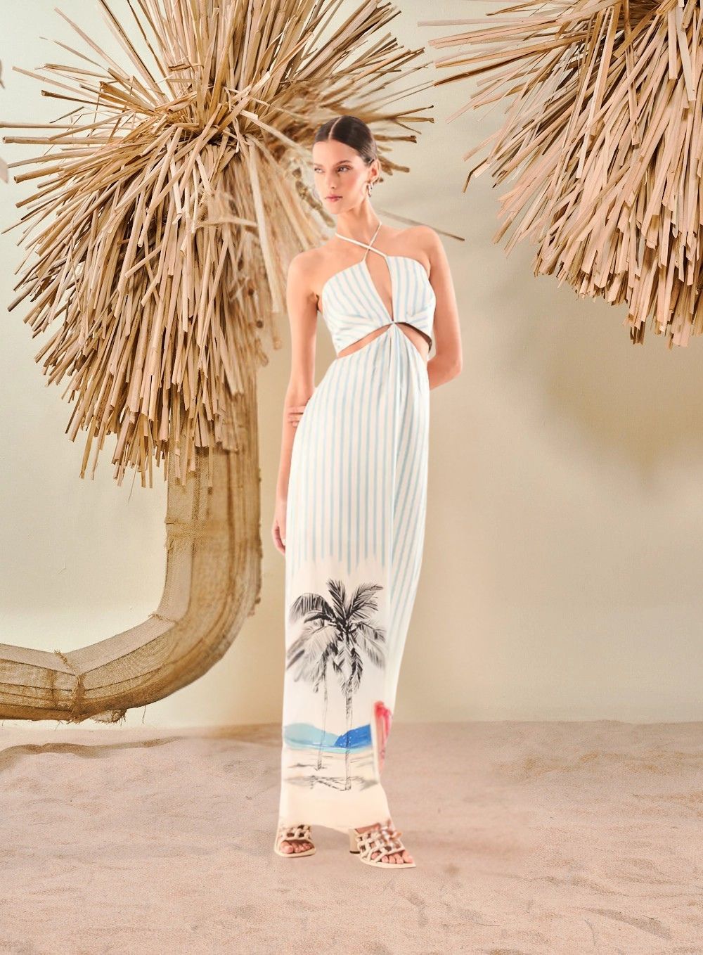 Cut Out Midi Dress with Straps and Edge Print