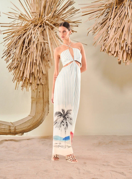 Cut Out Midi Dress with Straps and Edge Print