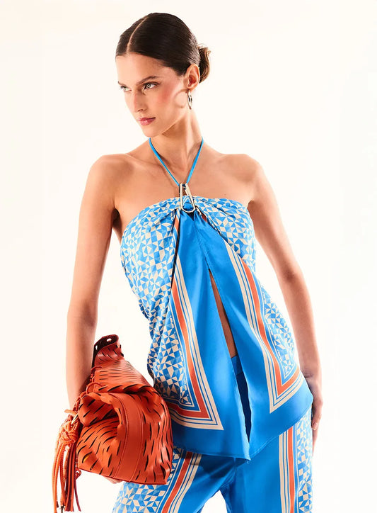 Halter Neck Blouse with Geometric Print Straps