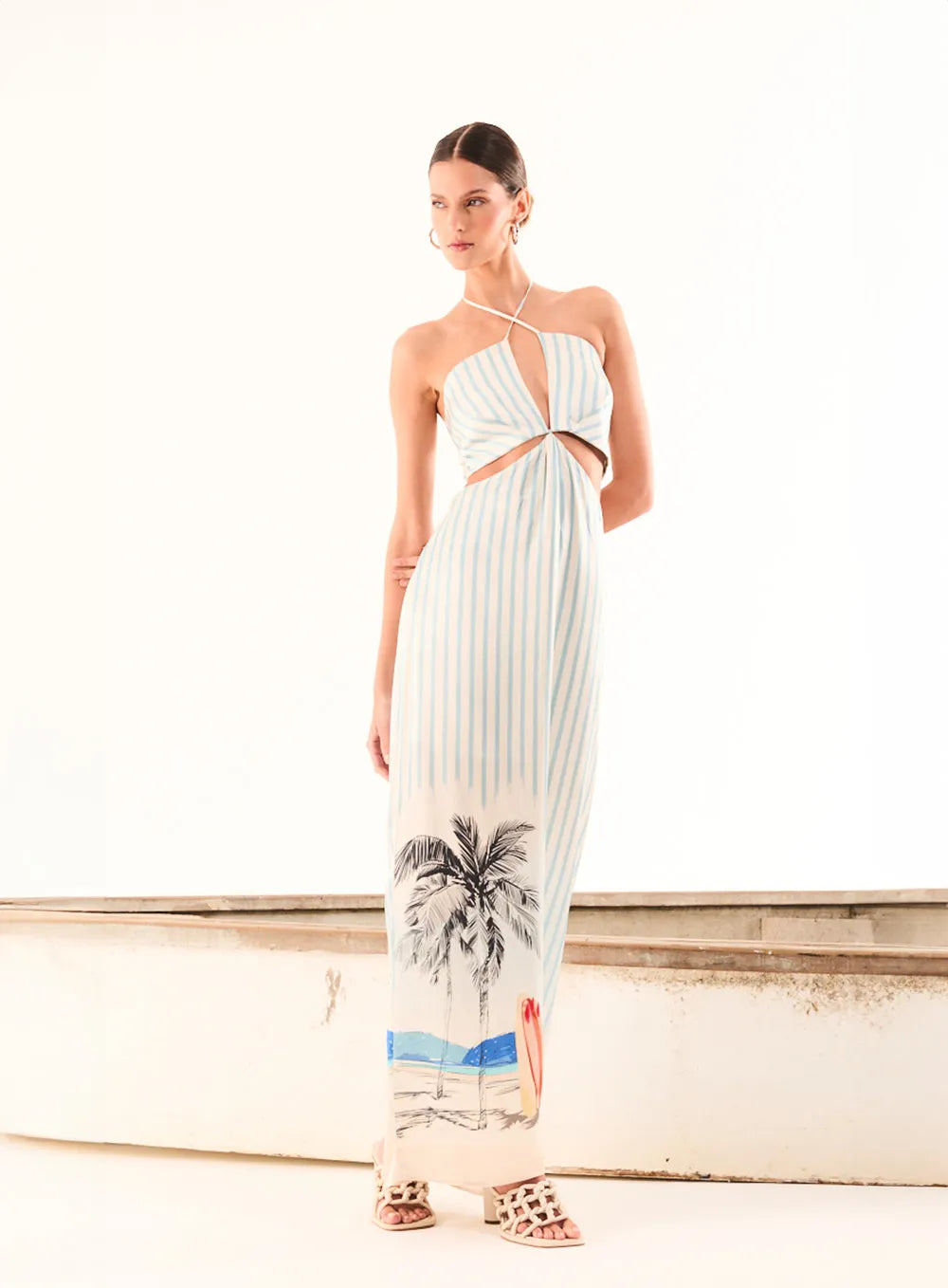 Cut Out Midi Dress with Straps and Edge Print