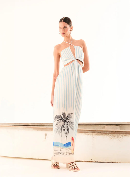 Cut Out Midi Dress with Straps and Edge Print