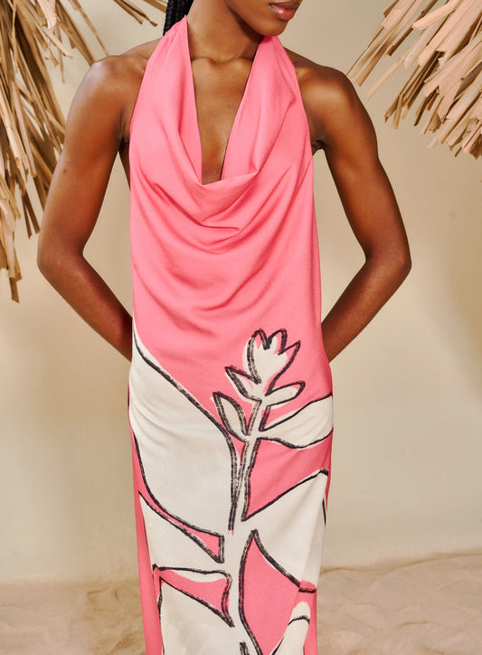 Long Printed Dress with Degagê Neckline