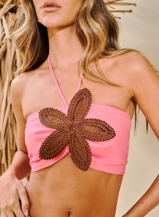 Linen Top with Crochet Flower Applique