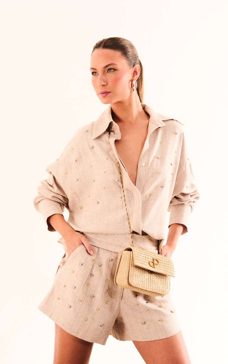 Striped Shorts with Linen and Appliques