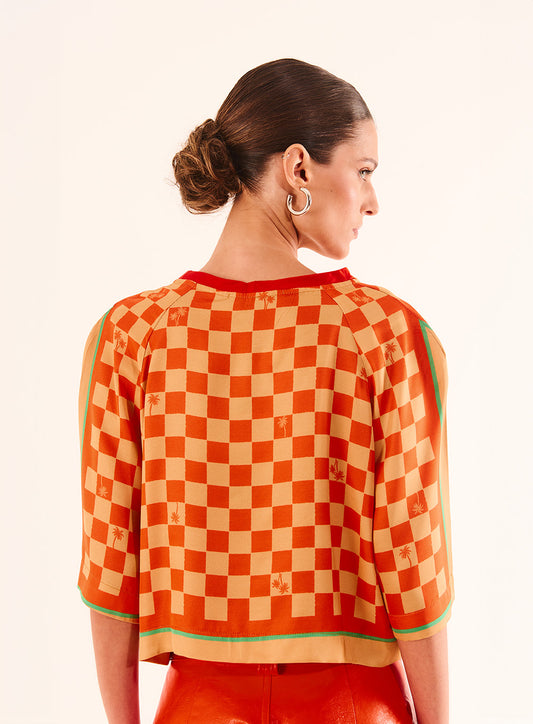 Cropped Raglan Blouse in Gingham Pattern