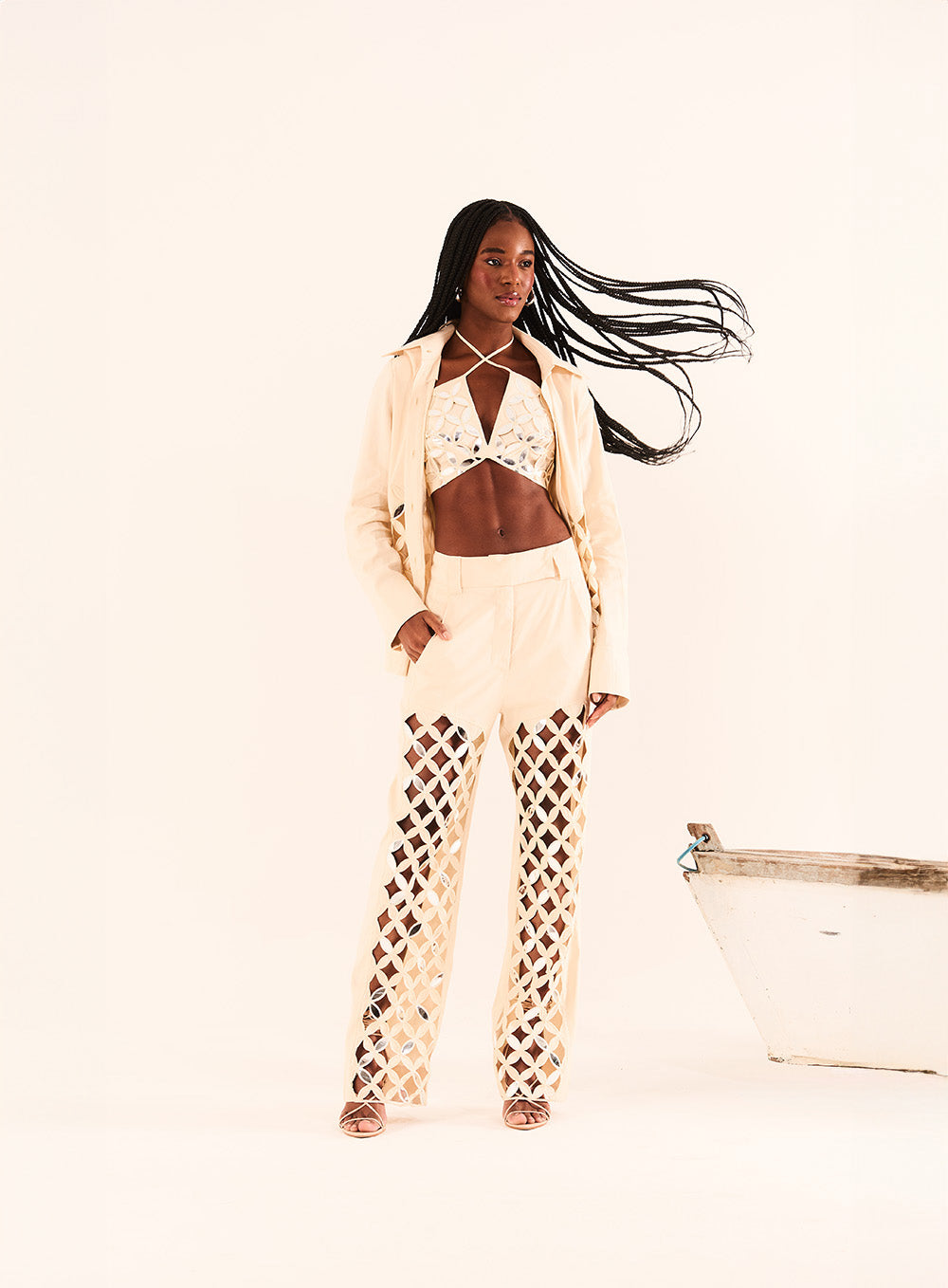 Embroidered Linen Cut-Out Trousers and blouse