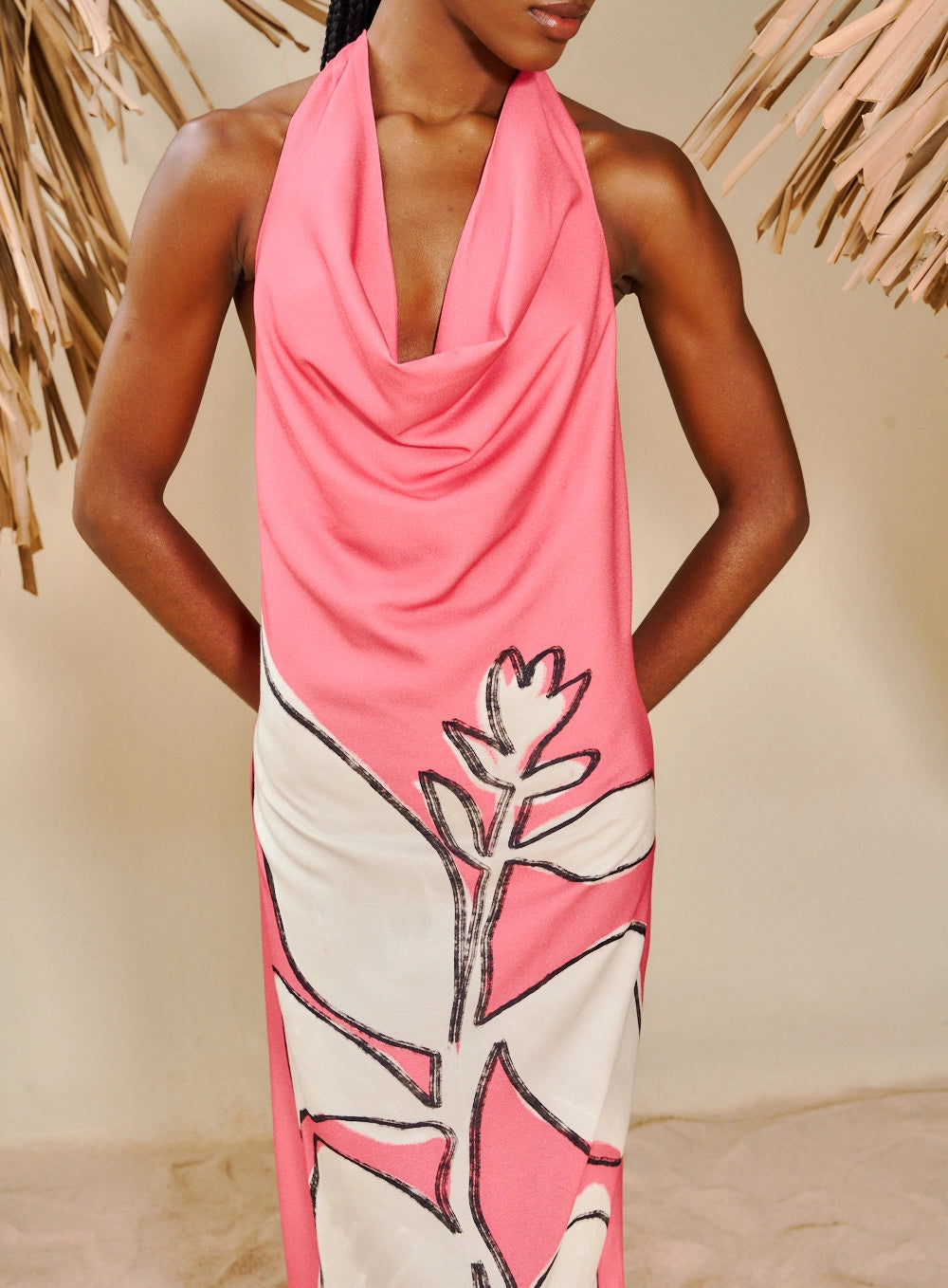 Long Printed Dress with Degagê Neckline