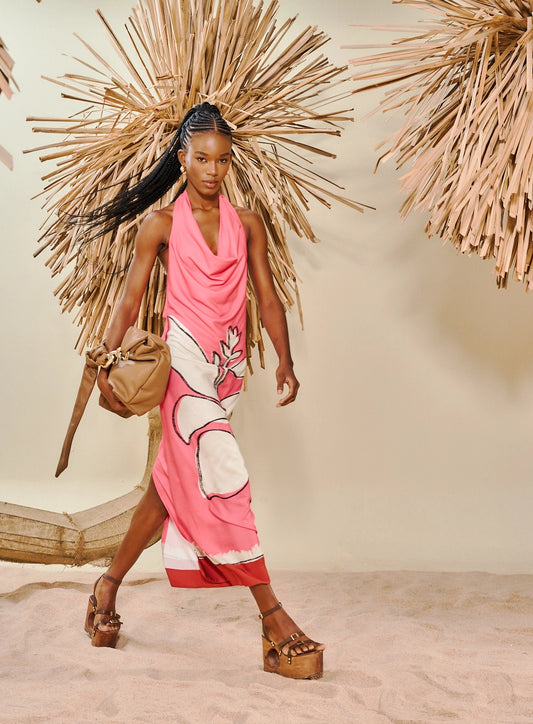 Long Printed Dress with Degagê Neckline