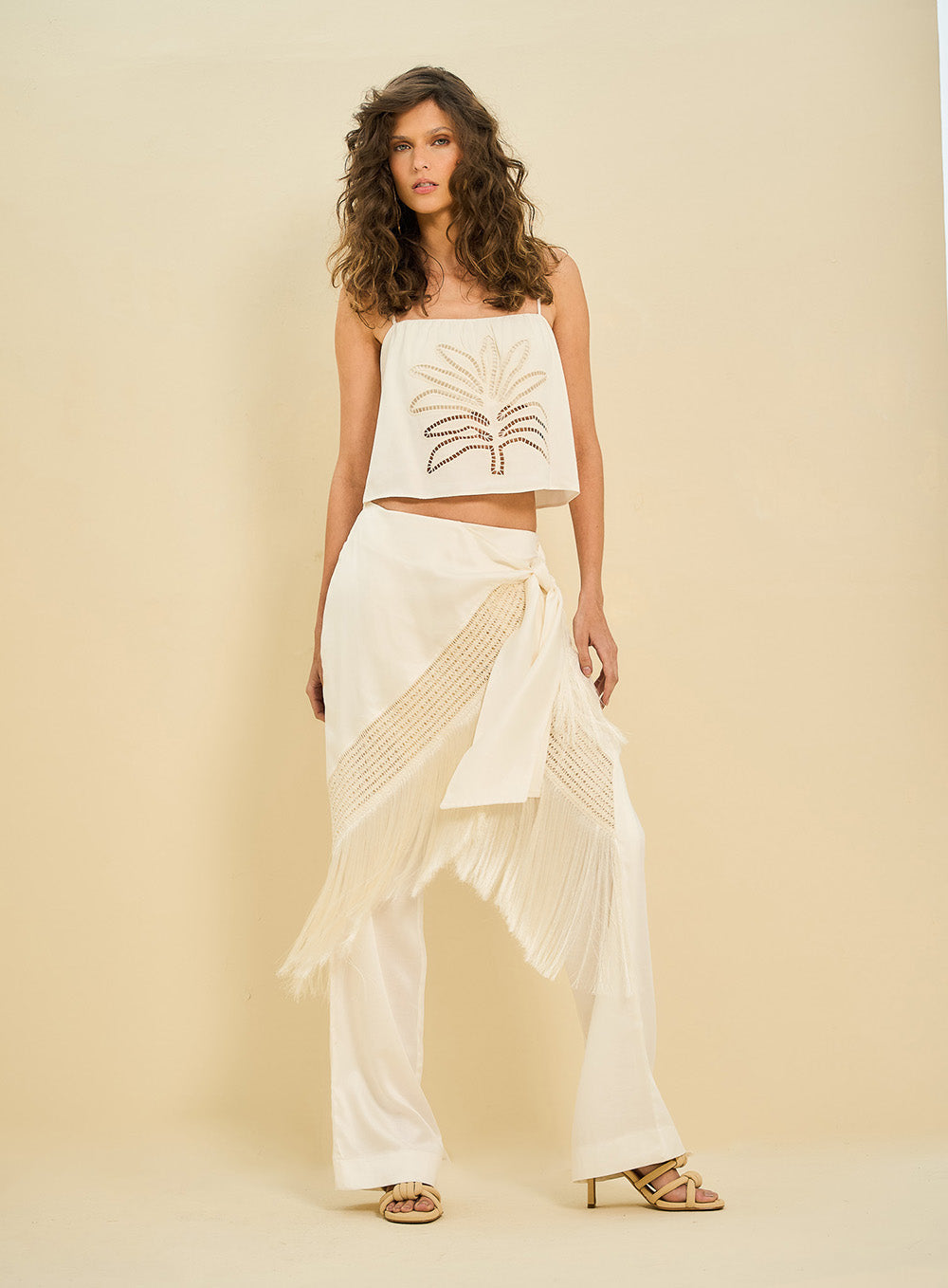 Women's Embroidered Linen Top & Straight-Leg Pants with Fringe