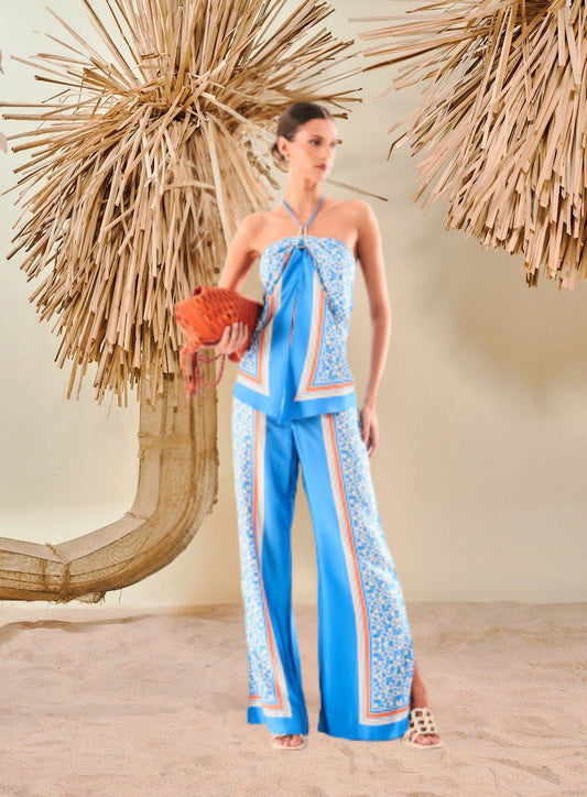 Halter Neck Blouse with Geometric Print Straps