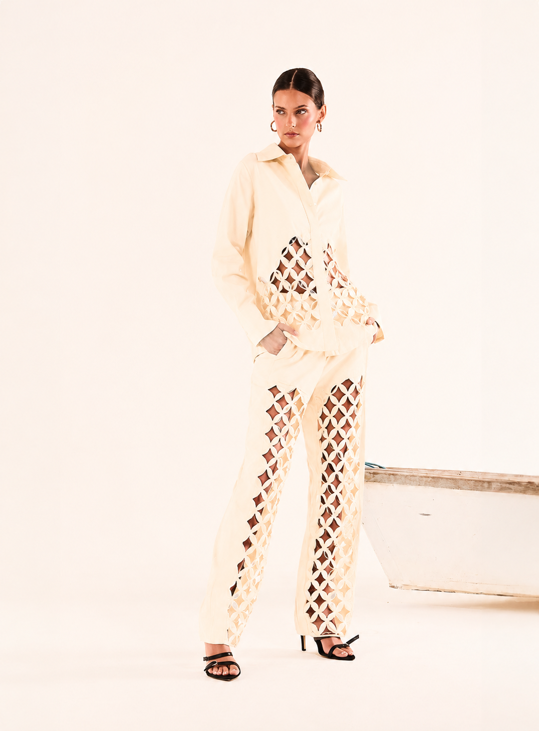 Embroidered Linen Cut-Out Trousers and blouse