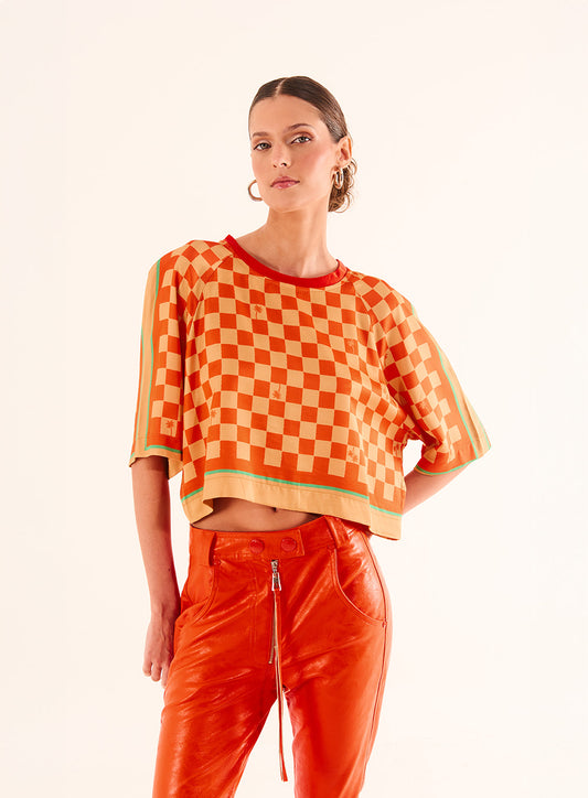 Cropped Raglan Blouse in Gingham Pattern